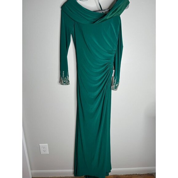 MAC DUGGAL Maxi Gown Dress Green Beaded Cuff Off Shoulder Jersey Stretch Size 4 - Picture 5 of 8